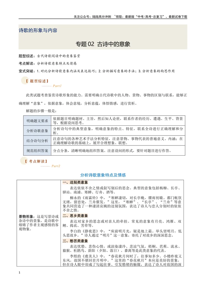 《02古诗中的意象（三种变式）（古诗阅读考点变式解读·诗歌的形象与内容）（学生版）-10页_专项复习_2025年_2025年高考语文古代诗歌阅读高频考点解读与变式通关练（新高考通用）_资料》第1页预览