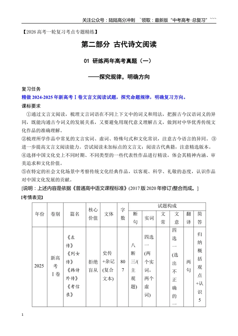 《01研练两年高考真题（一）——探究规律，明确方向_一轮复习_2026年-语文一轮复习_2026年高考语文一轮复习之古诗文专题（全国通用）-G387_资料》第1页预览