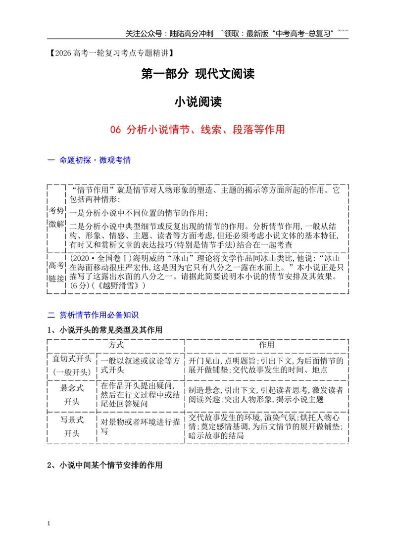 《06小说情节、线索、段落等的作用分析_一轮复习_2026年-语文一轮复习_2026年高考语文一轮复习之现代文专题（全国通用）-G388_资料》第1页预览