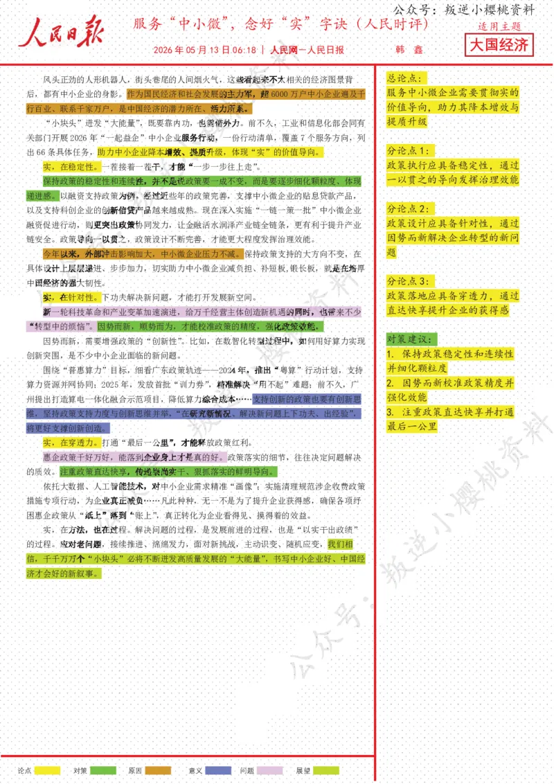 《13日-服务“中小微”，念好“实”字诀（人民时评）_3539.2027北京定向选调_08选调高分范文+写作素材+申论刷题集_20、人民日报范文每日精讲（按月更新）_5月人民日报精读》第1页预览