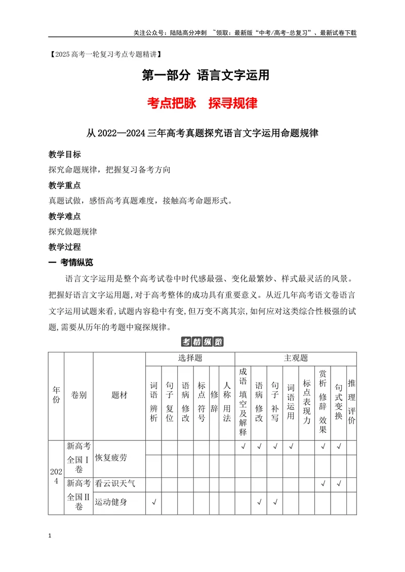 《01语言运用-考点把脉，探寻规律——从2022—2024三年高考真题探究语言文字运用命题规律（讲义）_一轮复习_2025年_2025年高考语文一轮复习阅读鉴赏全国通用_资料_4-语言文字运用》第1页预览