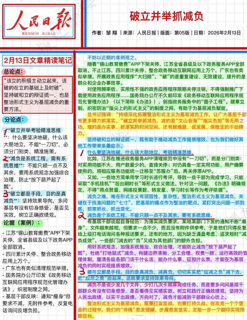 《2026.2.12破立并举抓减负公众号：叛逆小樱桃资料_3539.2027北京定向选调_08选调高分范文+写作素材+申论刷题集_20、人民日报范文每日精讲（按月更新）_2月人民日报精读》第1页预览
