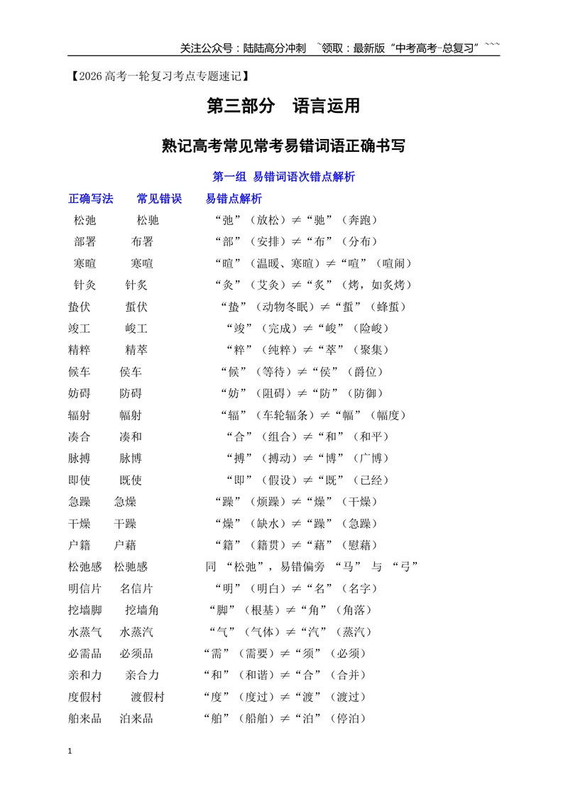 《07熟记高考常见常考易错词语正确书写-（全国通用）_一轮复习_2026年-语文一轮复习_2026年高考语文一轮复习之语言文字运用（全国通用）-G389_资料》第1页预览