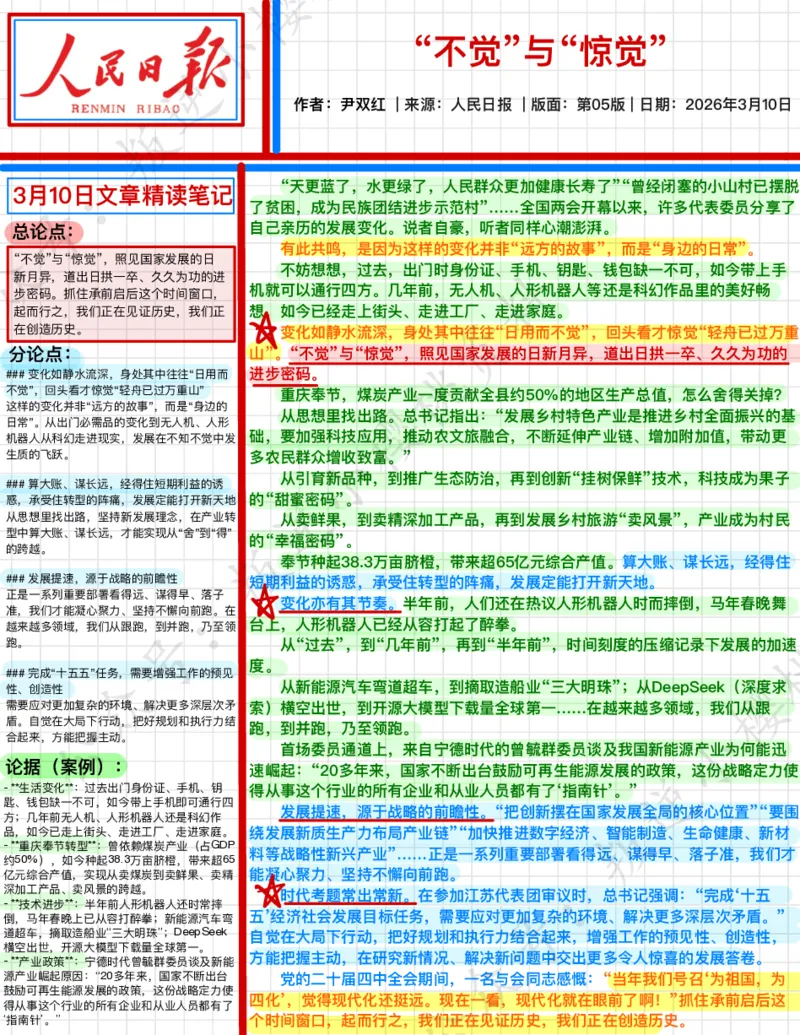 《2026.3.10“不觉”与“惊觉”公众号：叛逆小樱桃资料_3539.2027北京定向选调_08选调高分范文+写作素材+申论刷题集_20、人民日报范文每日精讲（按月更新）_3月人民日报精读》第1页预览