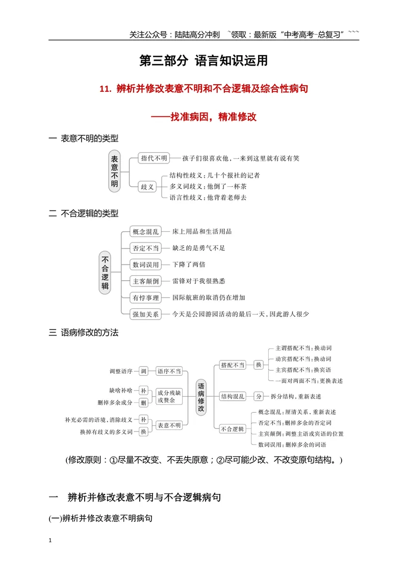 《11语言文字运用之辨析并修改表意不明和不合逻辑及综合性病句——找准病因，精准修改_一轮复习_2026年-语文一轮复习_2026年高考语文一轮复习之语言文字运用（全国通用）-G389_资料》第1页预览