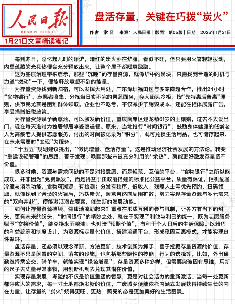 《2026.1.21盘活存量，关键在巧拨“炭火”_3539.2027北京定向选调_08选调高分范文+写作素材+申论刷题集_20、人民日报范文每日精讲（按月更新）_1月人民日报精读》第2页预览