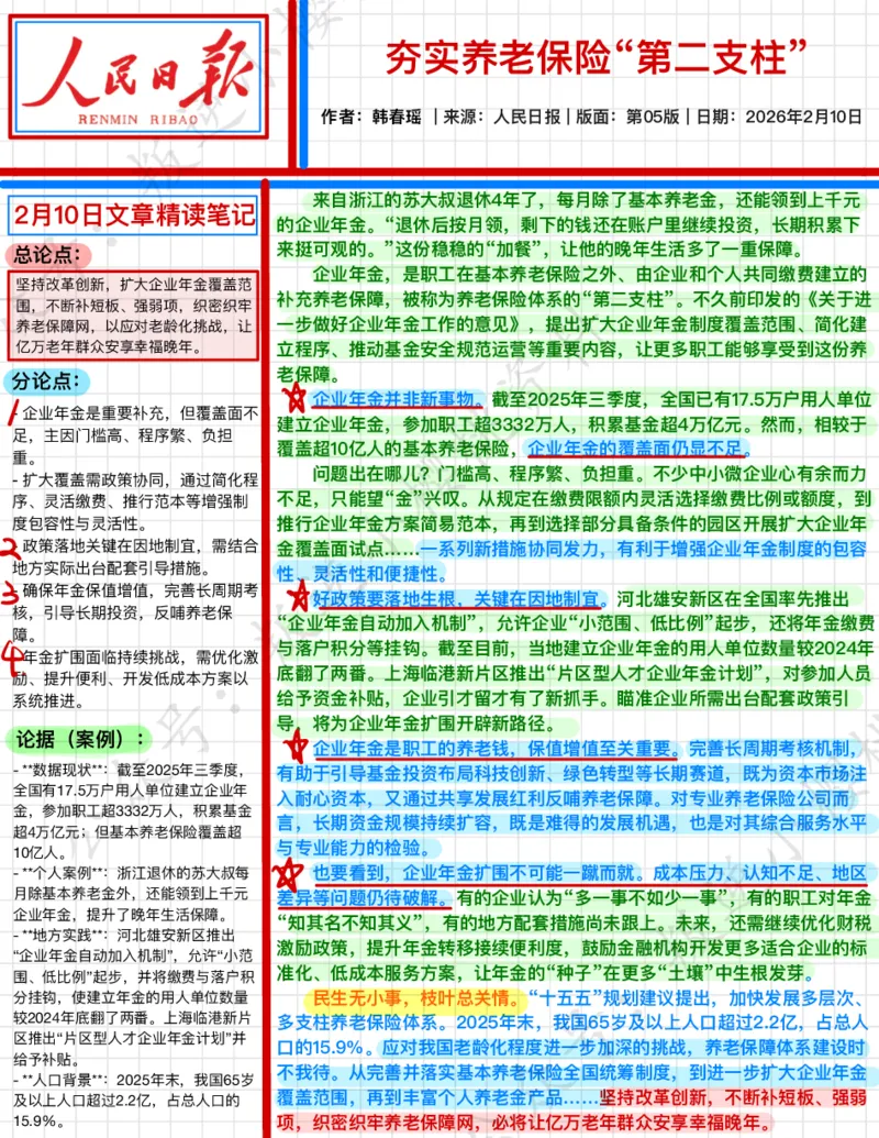 《2026.2.10夯实养老保险“第二支柱”公众号：叛逆小樱桃资料_3539.2027北京定向选调_08选调高分范文+写作素材+申论刷题集_20、人民日报范文每日精讲（按月更新）_2月人民日报精读》第1页预览