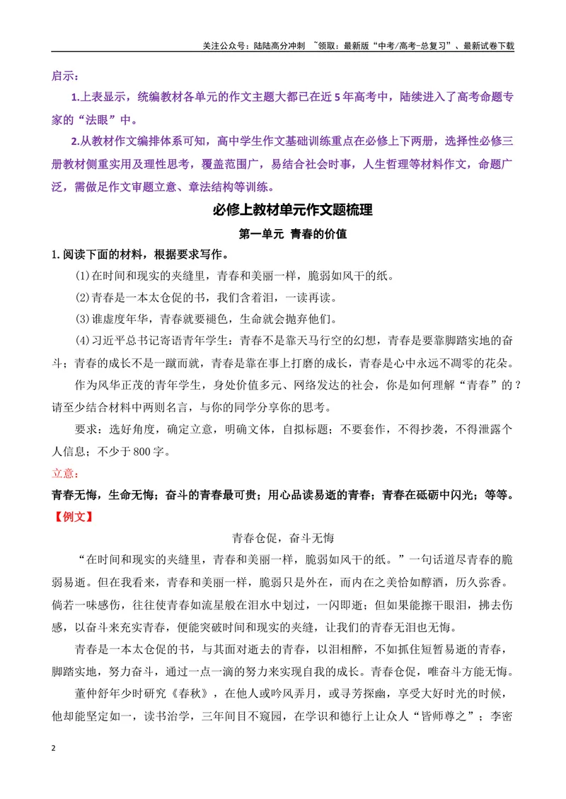 《01高考作文备考教考衔接之教材单元作文梳理与作文范例（必修上）-（全国通用）_专项复习_2024年_2024年高考语文考前60天作文备考特辑（全国通用）_资料_1-资料》第2页预览