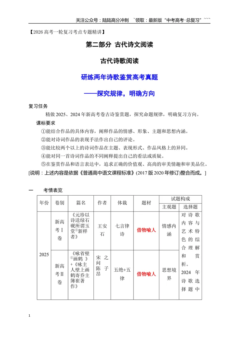 《01研练两年诗歌鉴赏高考真题——探究规律，明确方向_一轮复习_2026年-语文一轮复习_2026年高考语文一轮复习之古诗文专题（全国通用）-G387_资料》第1页预览
