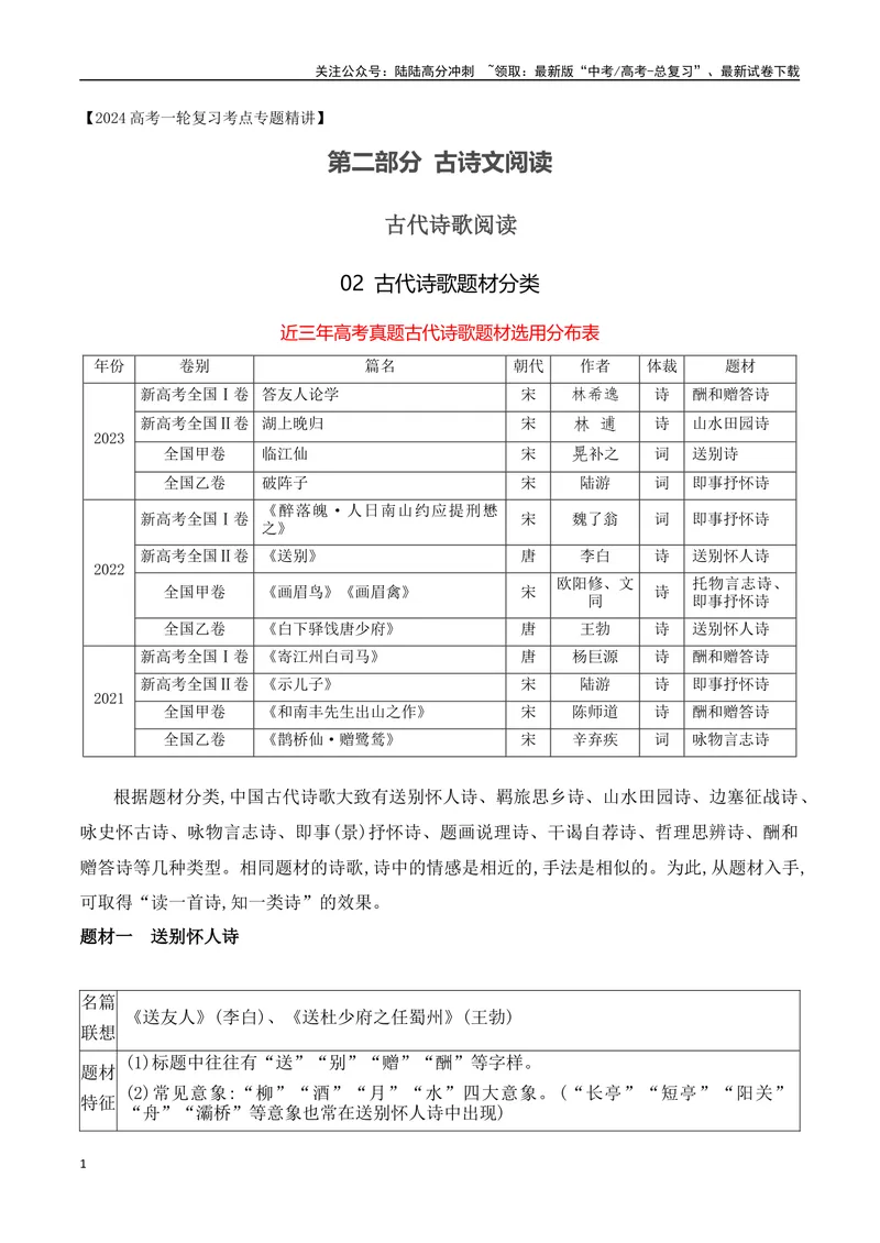 《02古代诗歌题材分类-（全国通用）_一轮复习_2024年_2024年高考语文一轮复习之古代诗歌阅读与默写（全国通用）_资料》第1页预览