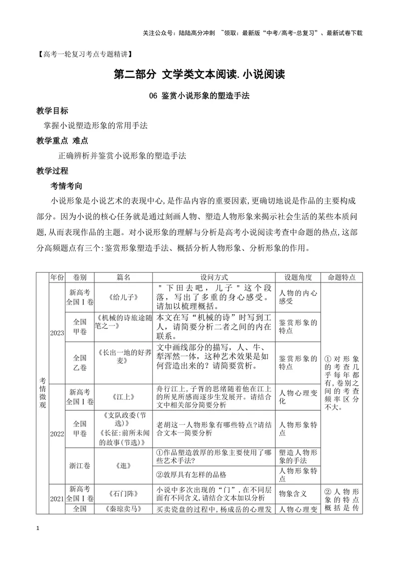 《06小说形象的塑造手法（全国通用）_一轮复习_2024年_2024高考语文一轮复习文学类小说散文阅读全国通用_资料》第1页预览