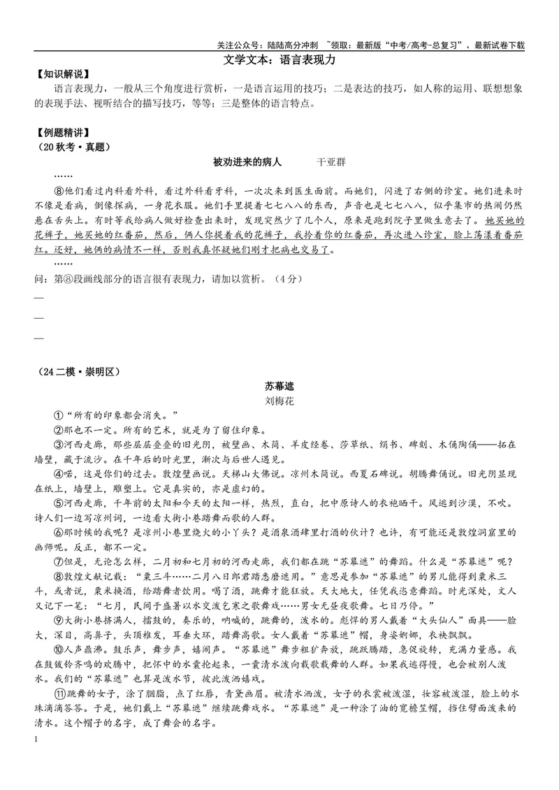 《14文学文本：语言表现力（原卷版）_专项复习_2025年_2025年高考语文文学类文本阅读16练（上海专用）》第1页预览