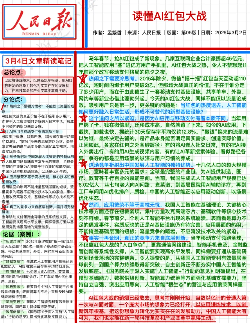 《2026.3.4读懂AI红包大战公众号：叛逆小樱桃资料_3539.2027北京定向选调_08选调高分范文+写作素材+申论刷题集_20、人民日报范文每日精讲（按月更新）_3月人民日报精读》第1页预览