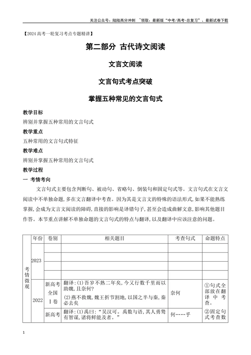《14文言句式考点突破-_一轮复习_2024年_2024年高考语文一轮复习之文言文阅读（全国通用）_资料》第1页预览