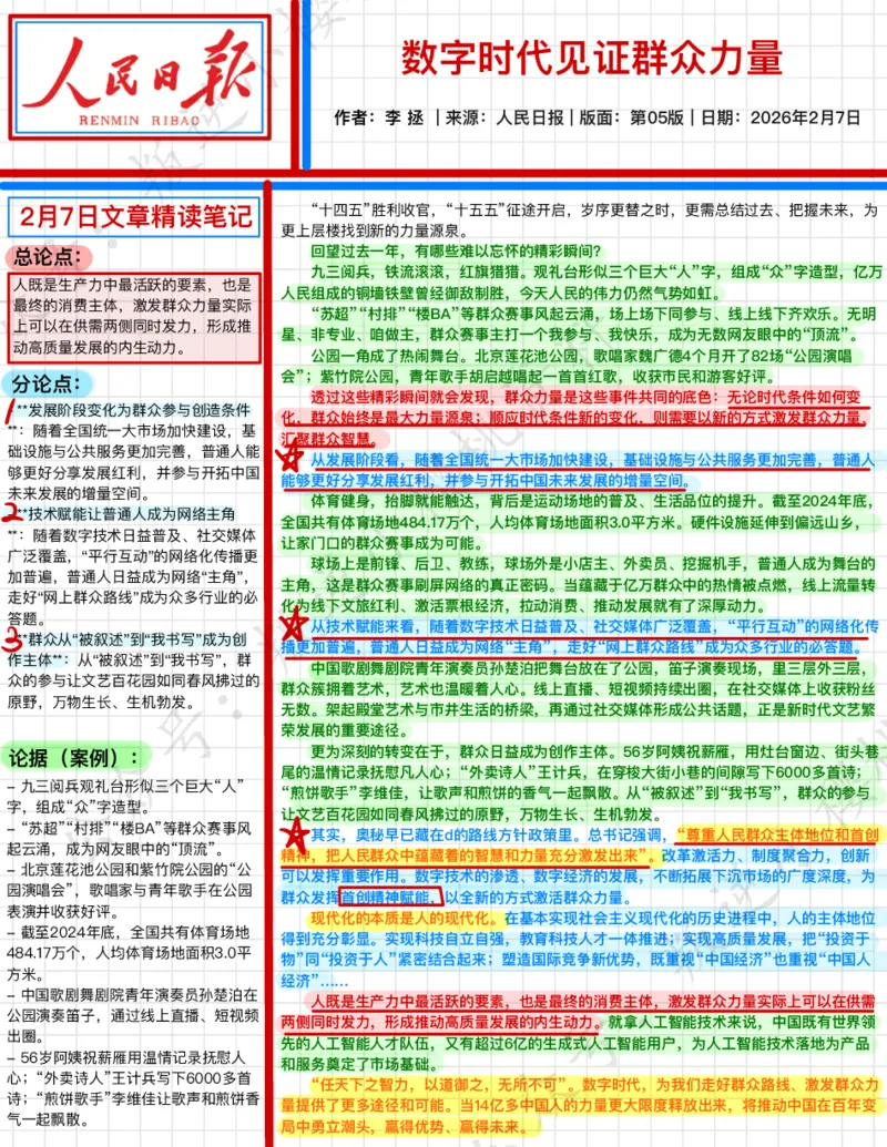 《2026.2.7数字时代见证群众力量公众号：叛逆小樱桃资料_3539.2027北京定向选调_08选调高分范文+写作素材+申论刷题集_20、人民日报范文每日精讲（按月更新）_2月人民日报精读》第1页预览