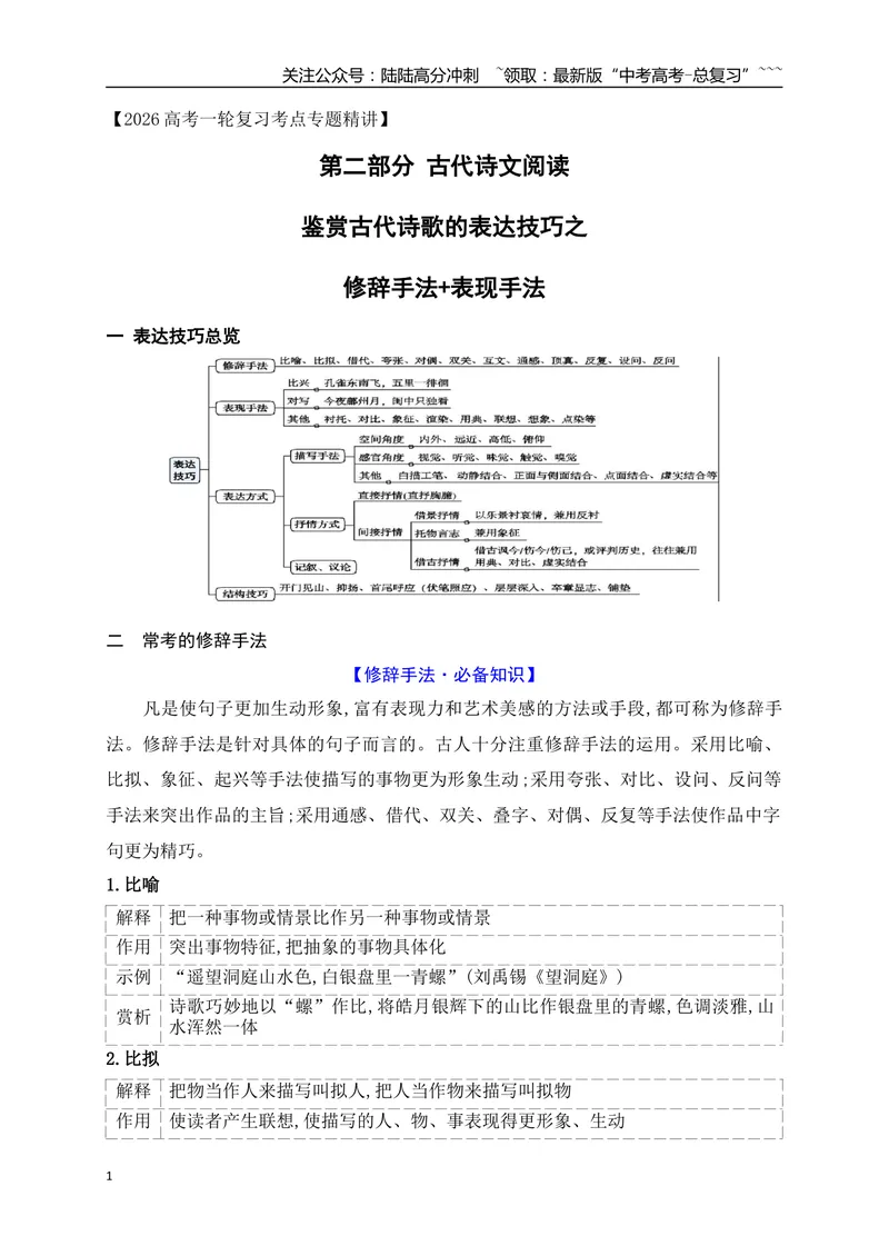 《11鉴赏古代诗歌的表达技巧之修辞手法+表现手法_一轮复习_2026年-语文一轮复习_2026年高考语文一轮复习之古诗文专题（全国通用）-G387_资料》第1页预览