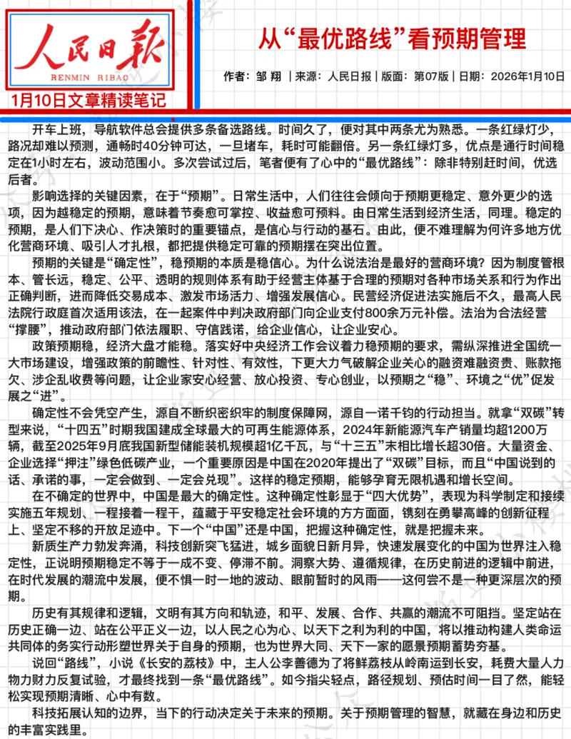 《2026.1.10从“最优路线”看预期管理公众号：叛逆小樱桃资料_3539.2027北京定向选调_08选调高分范文+写作素材+申论刷题集_20、人民日报范文每日精讲（按月更新）_1月人民日报精读》第2页预览