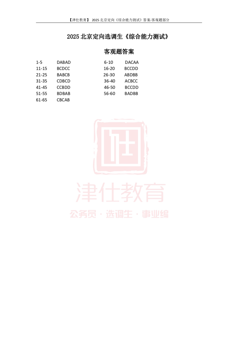 《2025北京定向《综合能力测试》答案-客观题部分_3539.2027北京定向选调_02北京选调真题及答案解析20~26年_机构1_2025北京定向选调真题答案(回忆版)》第1页预览