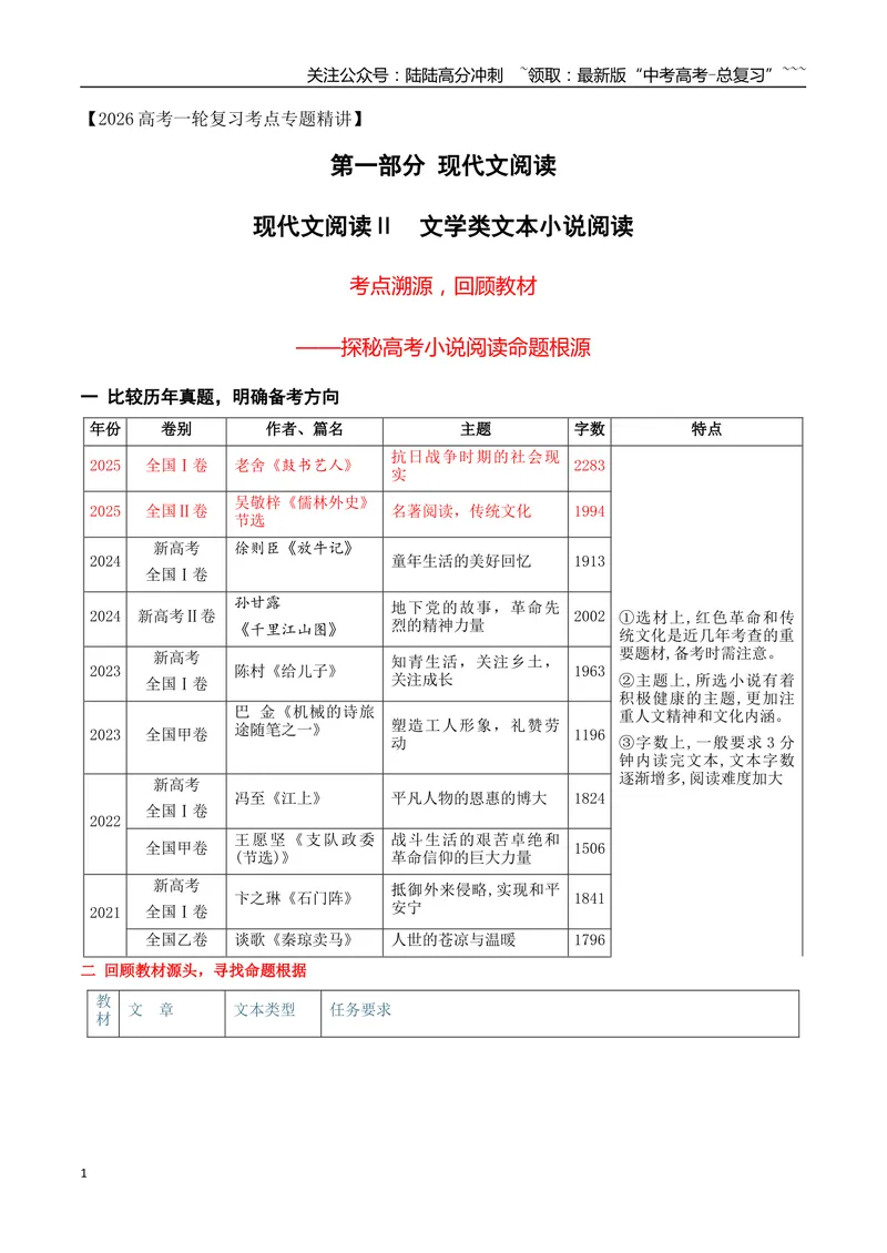 《01考点溯源，回顾教材，探秘高考小说阅读命题根源_一轮复习_2026年-语文一轮复习_2026年高考语文一轮复习之现代文专题（全国通用）-G388_资料》第1页预览