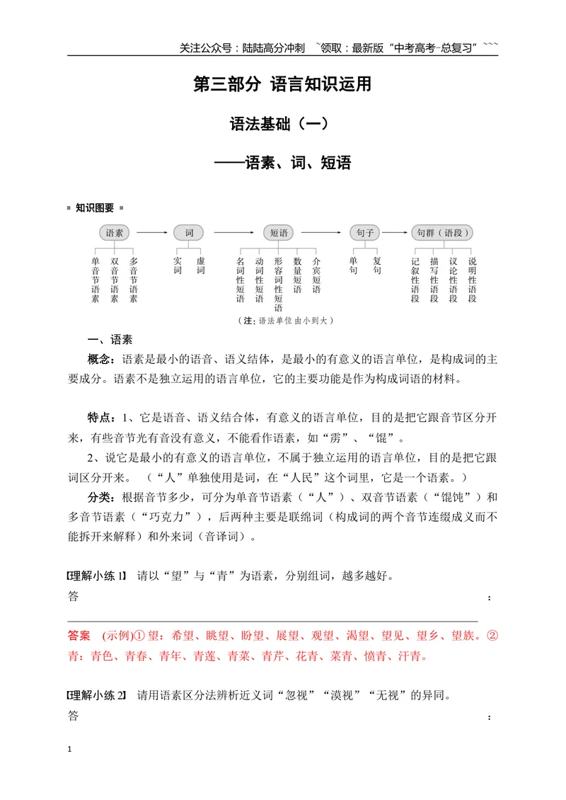 《01语言文字运用之语法常识（一）——语素、词、短语_一轮复习_2026年-语文一轮复习_2026年高考语文一轮复习之语言文字运用（全国通用）-G389_资料》第1页预览