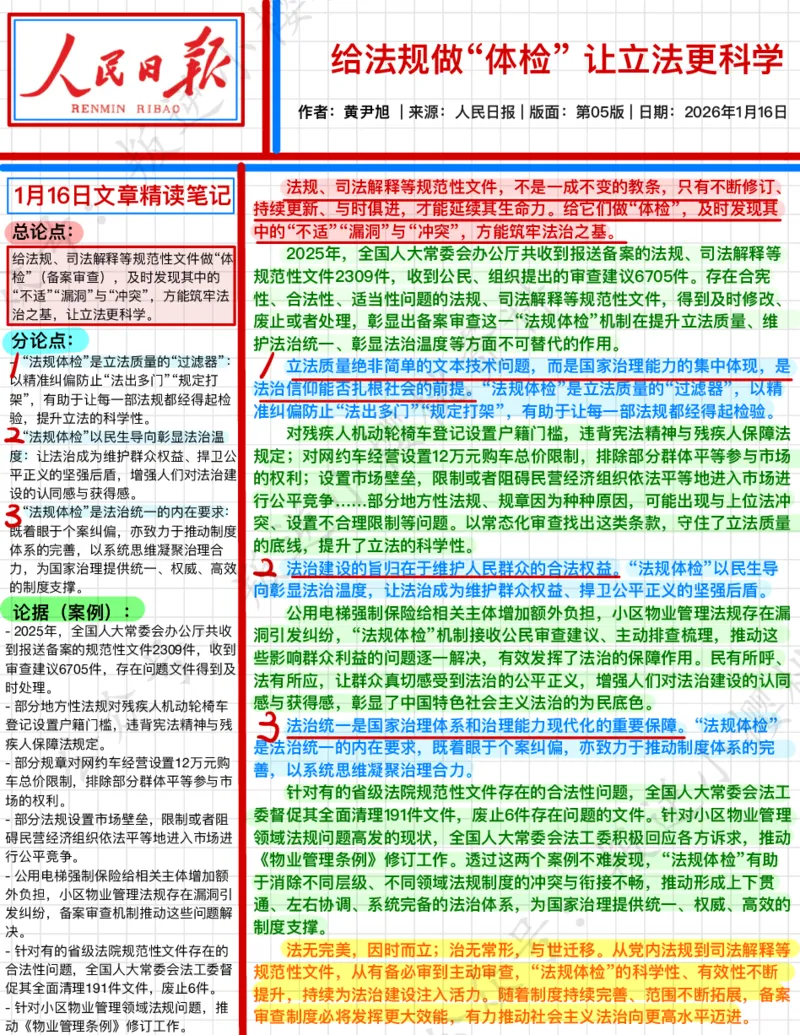 《2026.1.16给法规做“体检”让立法更科学公众号：叛逆小樱桃资料_3539.2027北京定向选调_08选调高分范文+写作素材+申论刷题集_20、人民日报范文每日精讲（按月更新）》第1页预览