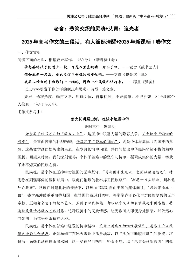 《11.老舍：悲笑交织的灵魂+艾青：追光者+2025年高考作文的三段话，有人豁然清醒+2025年新课标I卷作文-（时代人物+时评精选+作文赏析）_专项复习_2026年-语文专项复习_资料》第1页预览