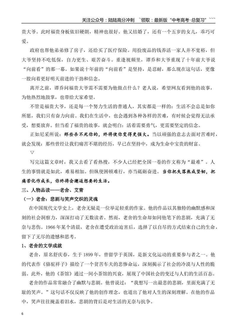 《11.老舍：悲笑交织的灵魂+艾青：追光者+2025年高考作文的三段话，有人豁然清醒+2025年新课标I卷作文-（时代人物+时评精选+作文赏析）_专项复习_2026年-语文专项复习_资料》第6页预览