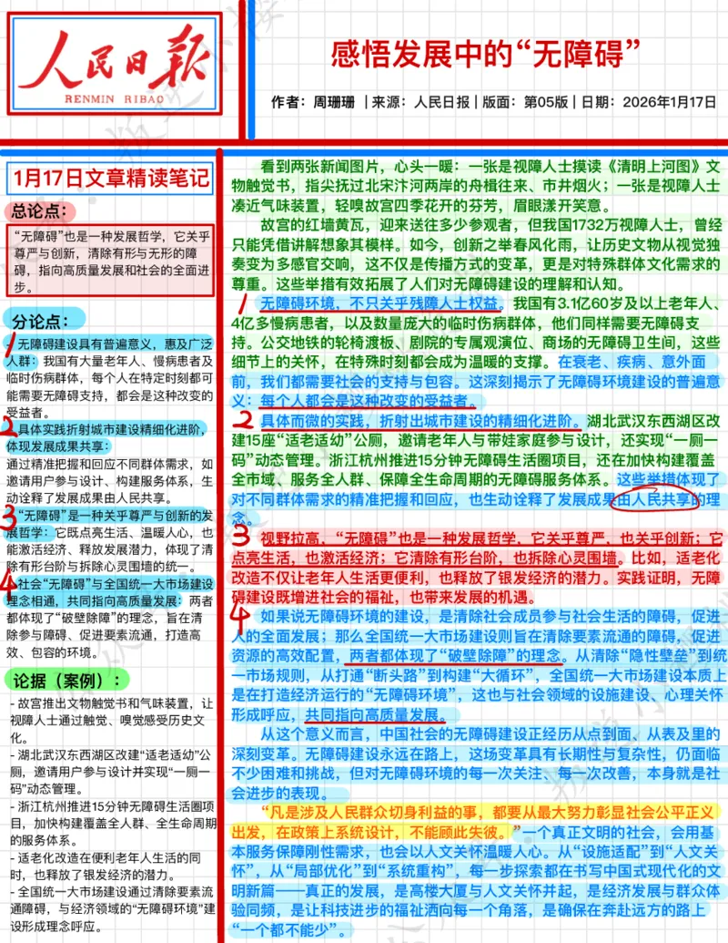 《2026.1.19感悟发展中的“无障碍”公众号：叛逆小樱桃资料_3539.2027北京定向选调_08选调高分范文+写作素材+申论刷题集_20、人民日报范文每日精讲（按月更新）_1月人民日报精读》第1页预览