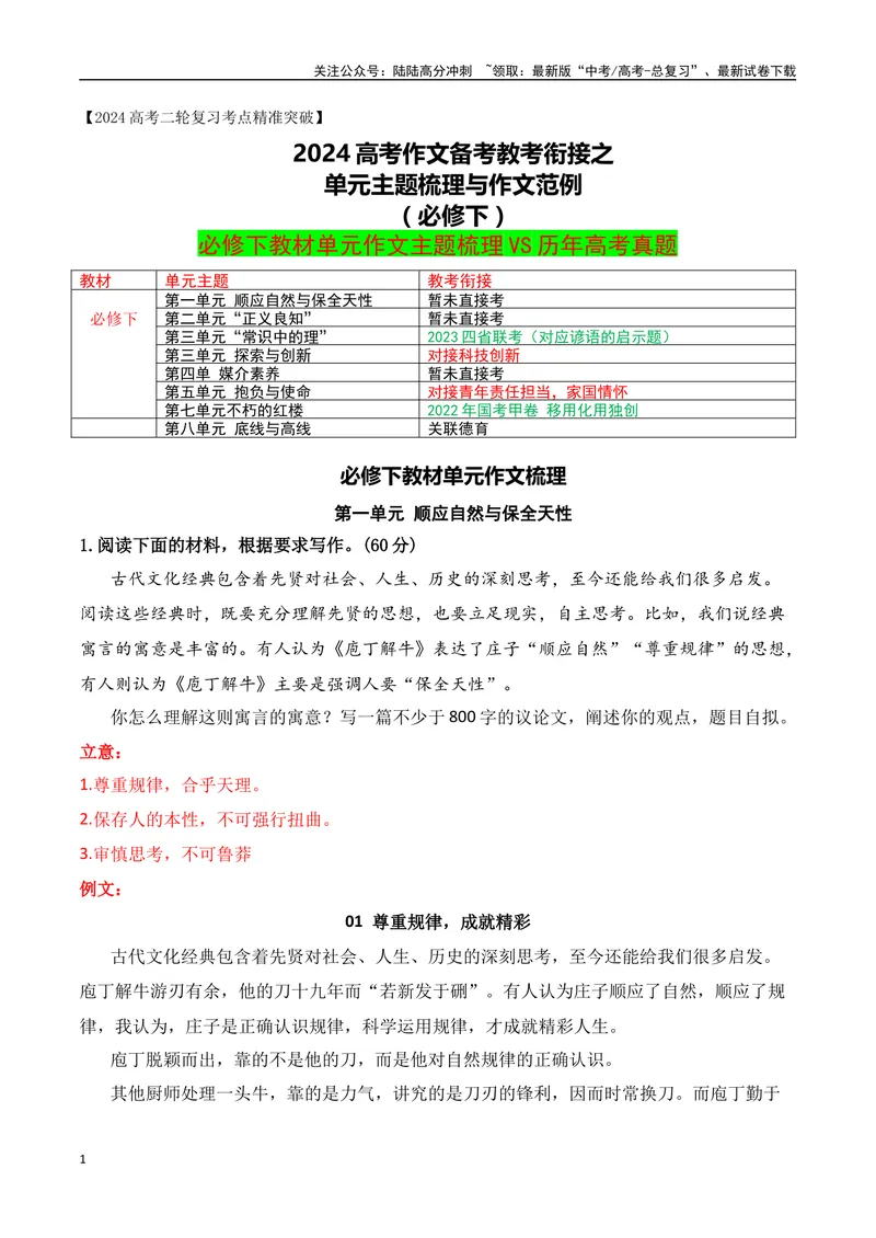 《02高考作文备考教考衔接之教材单元作文梳理与作文范例（必修下）-（全国通用）_专项复习_2024年_2024年高考语文考前60天作文备考特辑（全国通用）_资料_1-资料》第1页预览