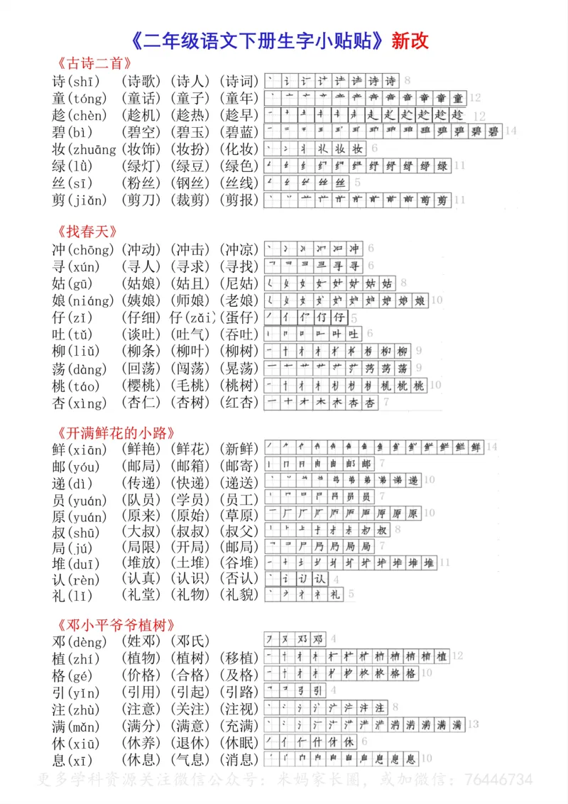 《075.24春语文二年级下册生字拼音组词笔顺小贴贴公众号：米妈家长圈_小学1-6年级全科全套_1-6年级全科下册_二年级_其他补充资料_语文资料》第1页预览