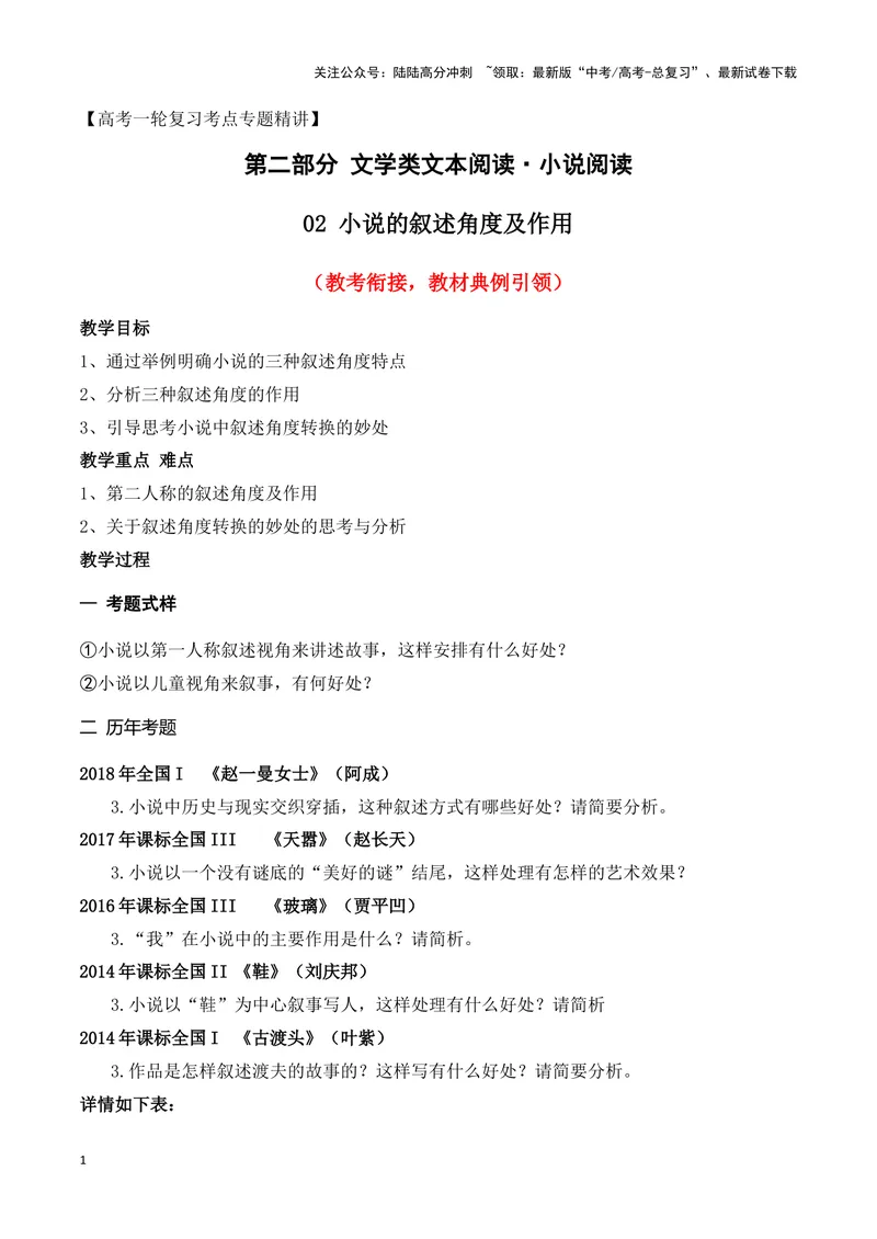 《02小说的叙述视角（教考衔接）（全国通用）_一轮复习_2024年_2024高考语文一轮复习文学类小说散文阅读全国通用_资料》第1页预览
