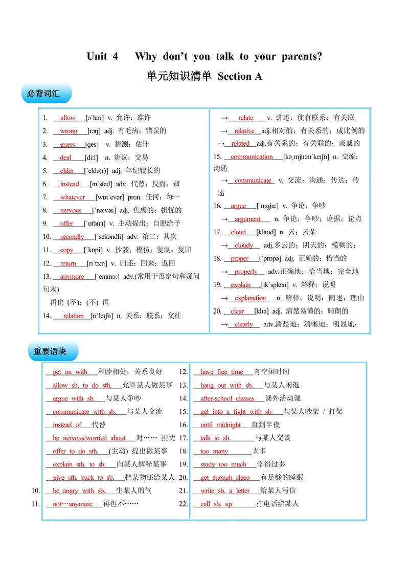 《Unit4SectionA（单元知识清单）教师版_初中全科《知识梳理》打包下载_2025春《名师总结知识点》下册_英语_八年级》第1页预览