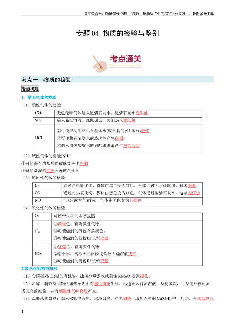 《专题04物质的检验与鉴别-（教师版）_05-化学-高考总复习_专项复习_2024年_2024年高考化学实验专项突破_资料_高考化学实验常考知识点全突破》第1页预览