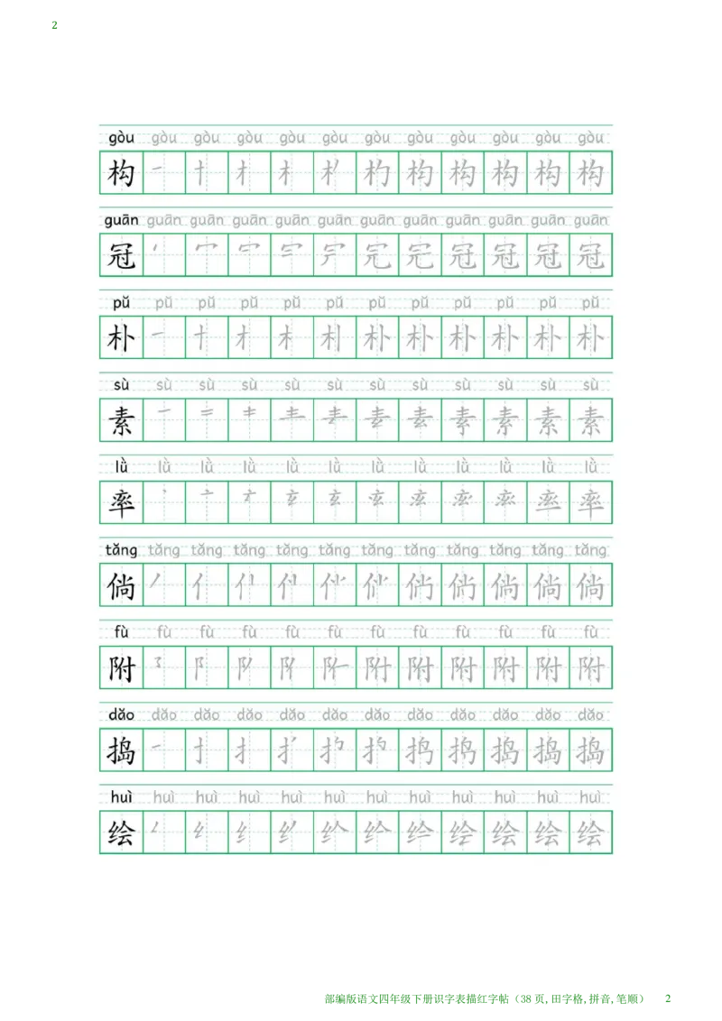 《1.25语文四年级下册识字表描红字帖(38页,田字格,拼音,笔顺)_小学1-6年级全科全套_1-6年级全科下册_四年级_其他补充资料_热门资料_语文》第2页预览