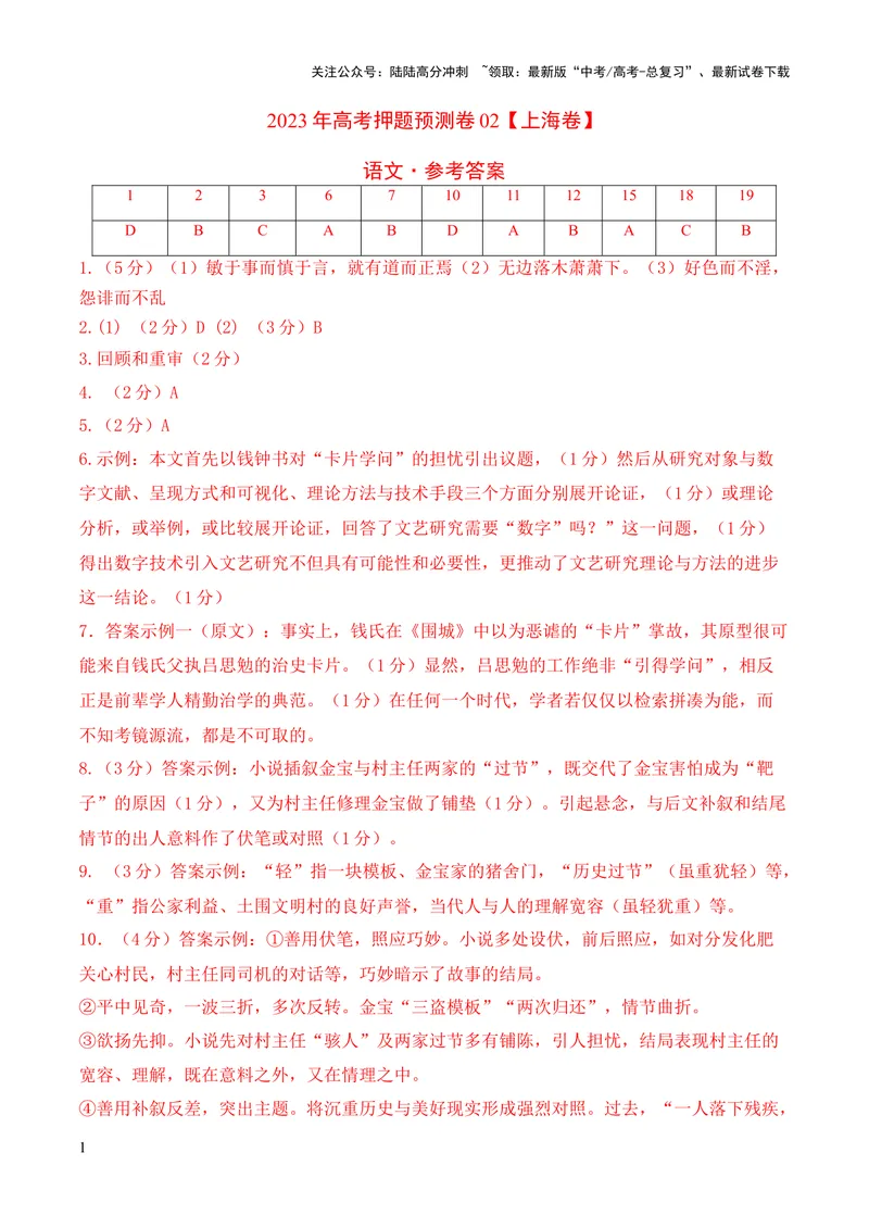 《2023年高考押题预测卷02（上海卷）-语文（参考答案）_专项复习_2024年_2023年高考押题预测卷01语文_语文-2023年高考押题预测卷02（上海卷）（含考试版、全解全析、参考答案、答题卡）》第1页预览