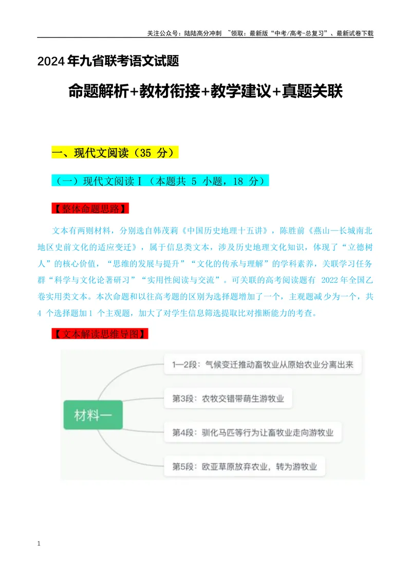 《2024年九省联考语文试题之命题解析+教材衔接+教学建议+真题关联_专项复习_2024年_2024高考语文1月九省联考猜想卷真题汇编完全解读_2024年1月“九省联考”语文真题完全解读与考后提升(6)份》第1页预览