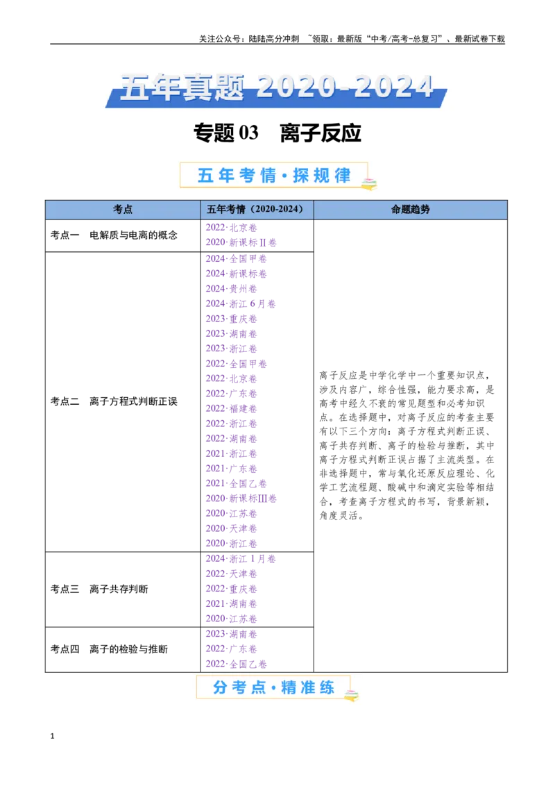 《专题03离子反应（全国通用）（解析版）_05-化学-高考总复习_专项复习_2024年_2024年高考化学真题分类汇编（全国通用）》第1页预览
