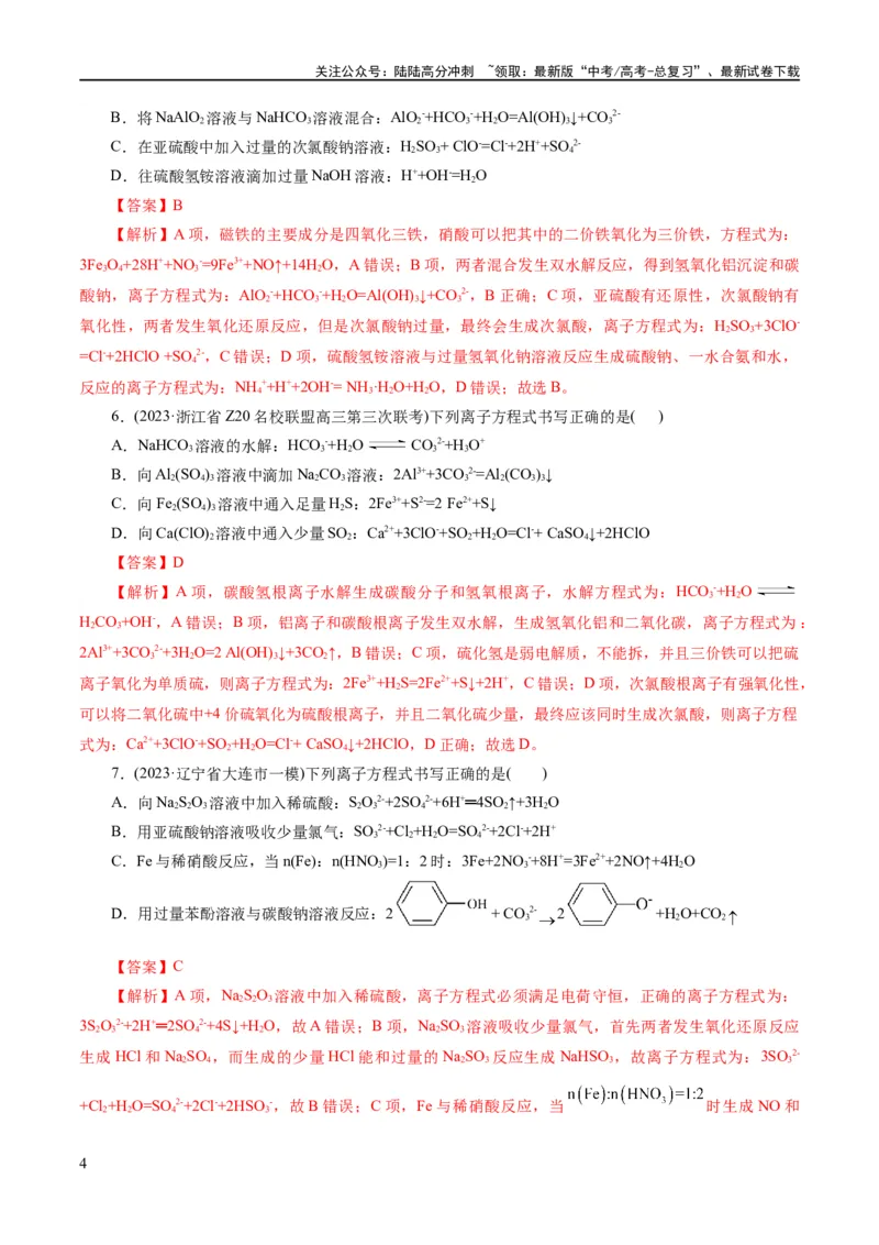 《专题03离子反应(练习)(解析版)_05-化学-高考总复习_二轮复习_2024年_2024年高考化学二轮复习讲练测（新教材新高考）_配套练习（原卷版+解析版）》第4页预览