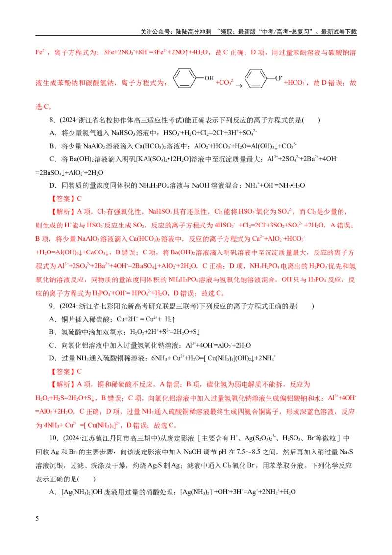 《专题03离子反应(练习)(解析版)_05-化学-高考总复习_二轮复习_2024年_2024年高考化学二轮复习讲练测（新教材新高考）_配套练习（原卷版+解析版）》第5页预览