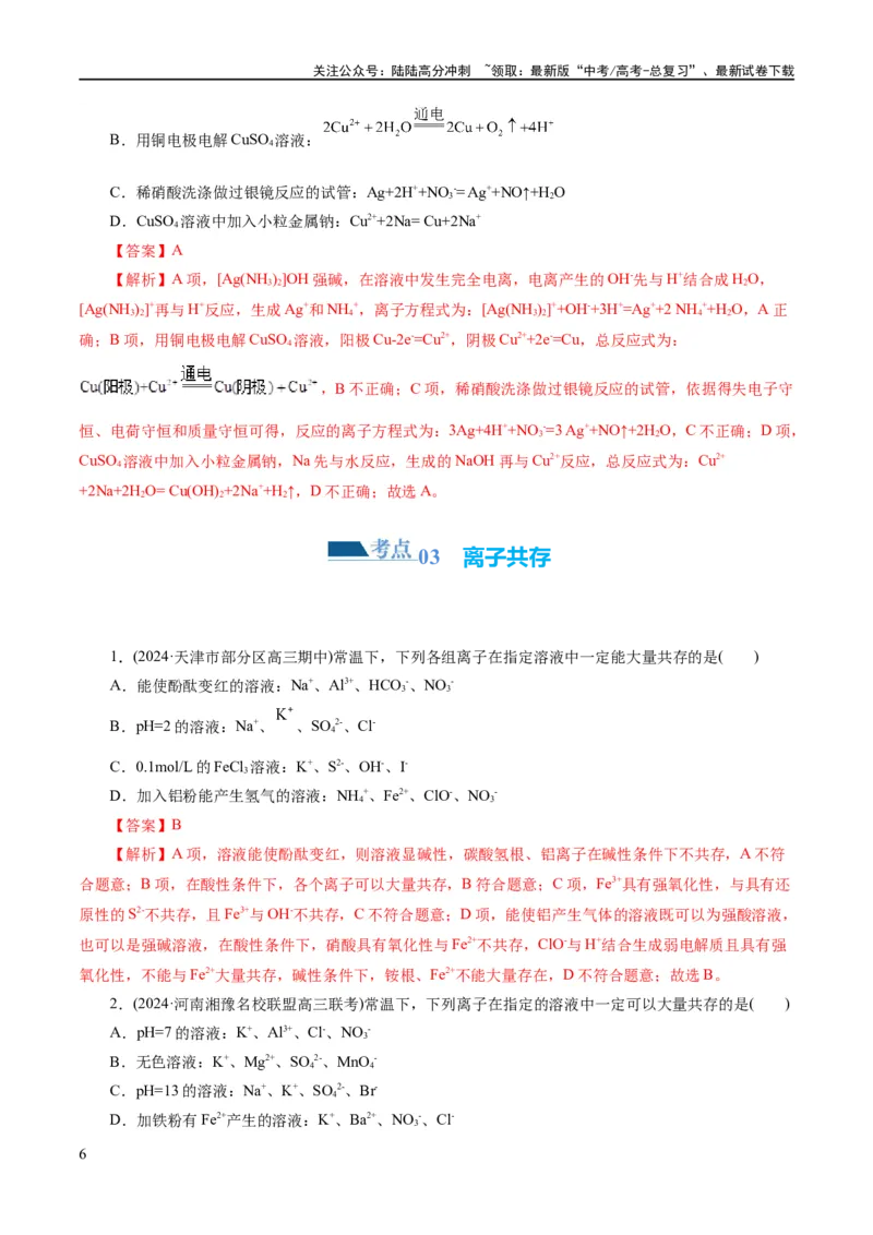 《专题03离子反应(练习)(解析版)_05-化学-高考总复习_二轮复习_2024年_2024年高考化学二轮复习讲练测（新教材新高考）_配套练习（原卷版+解析版）》第6页预览