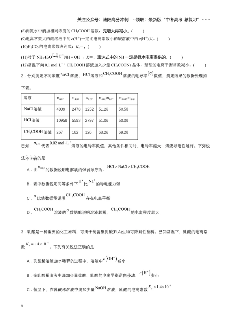 《专题01电离平衡（知识清单）（全国通用）（学生版）_05-化学-高考总复习_一轮复习_2026年-化学高考一轮复习_2026年高考化学一轮复习知识清单（全国通用）-G56_2026版》第9页预览