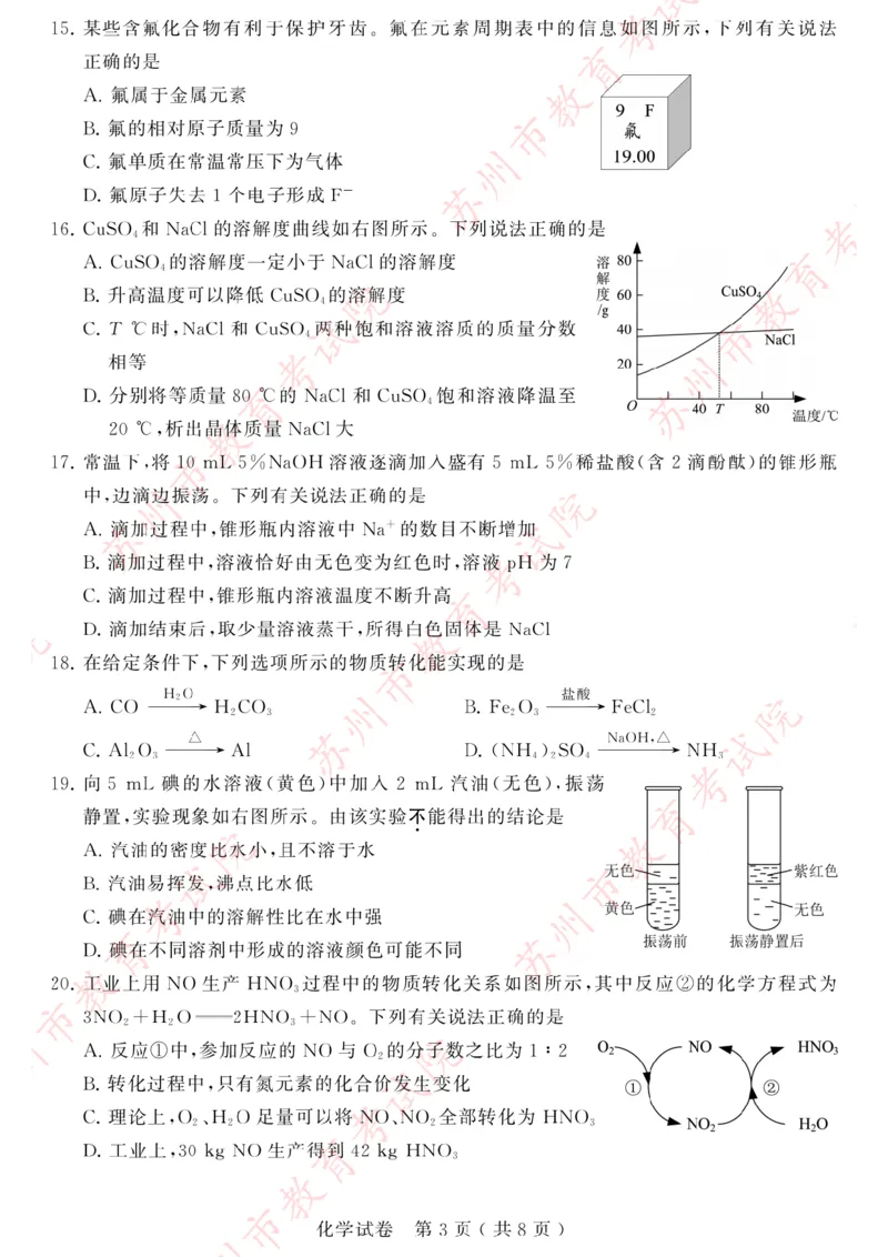《2023苏州化学试卷+答案(PDF版)_12.2026年4月全国各地高考模拟卷_2026版初中金考卷•45套中考试卷汇编系列合集_全国版中考真题(1)_各省市《历年中考真题》2013-2024(10)_18江苏省各市试卷》第3页预览