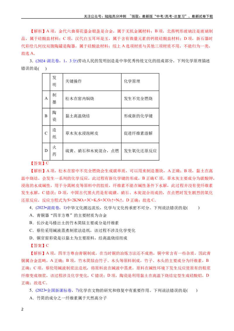 《专题04化学与传统文化(解析版)_05-化学-高考总复习_专项复习_2025年_十年（2015-2024）高考化学真题分类汇编（全国通用）》第2页预览