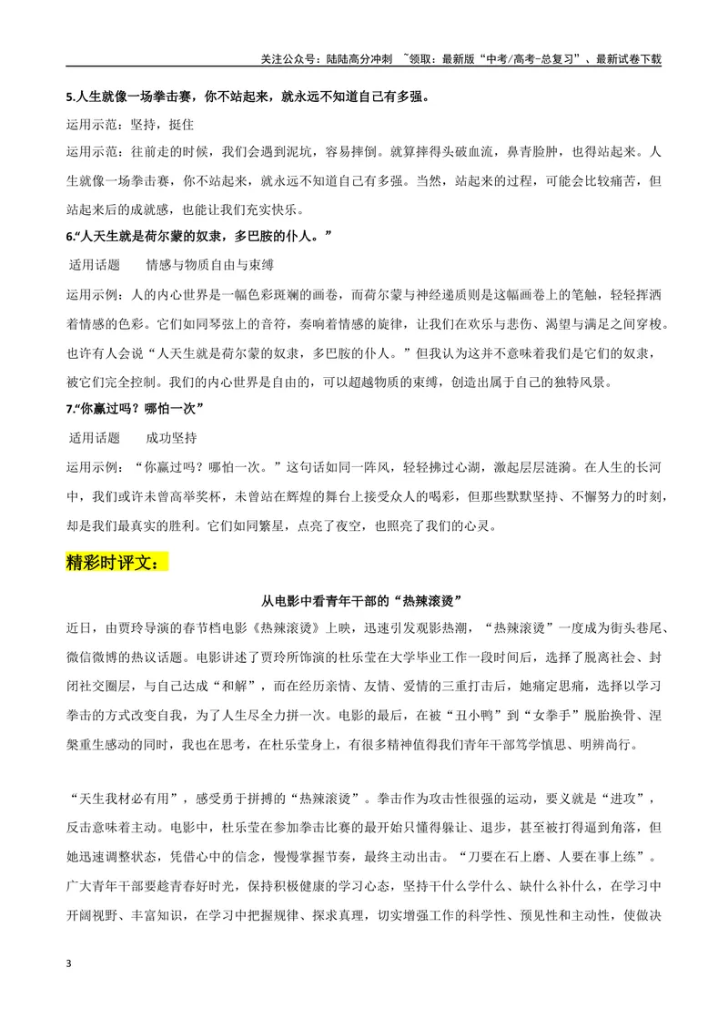 《《热辣滚烫》作文素材整理：热点事件+适应角度+经典台词+精彩时评文_专项复习_2024年_2024年高考热点作文素材整理_资料》第3页预览