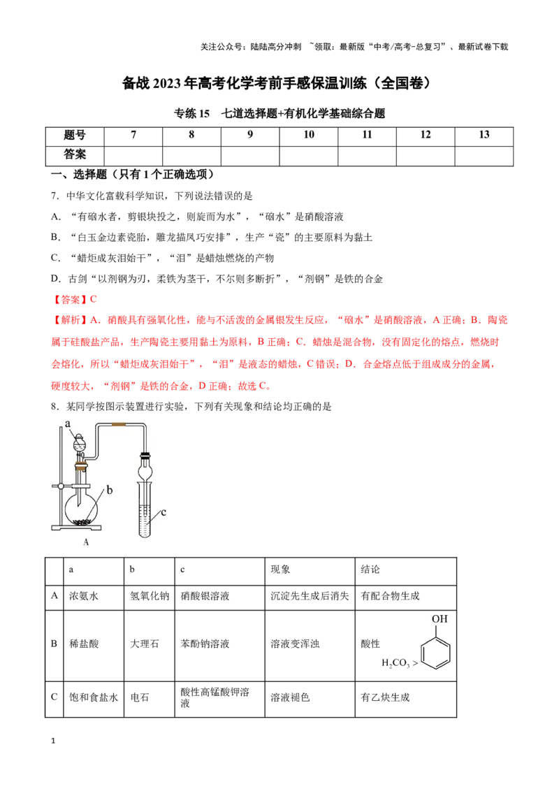 《专练15七道选择题+有机化学基础综合题-（解析版）_05-化学-高考总复习_专项复习_2024年_2023年高考化学考前手感保温训练（全国卷）_资料》第1页预览