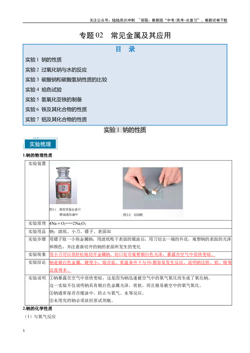 《专题02常见金属及其应用（教师版）-11页_05-化学-高考总复习_专项复习_2025年_2025年高考化学教材重点实验清单一遍过_资料》第1页预览