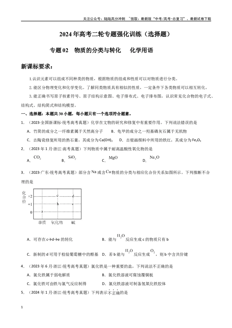 《专题02物质的分类与转化化学用语-原卷版）_05-化学-高考总复习_二轮复习_2024年_2024年高考化学二轮专题强化训练习题试题练习全国_资料》第1页预览