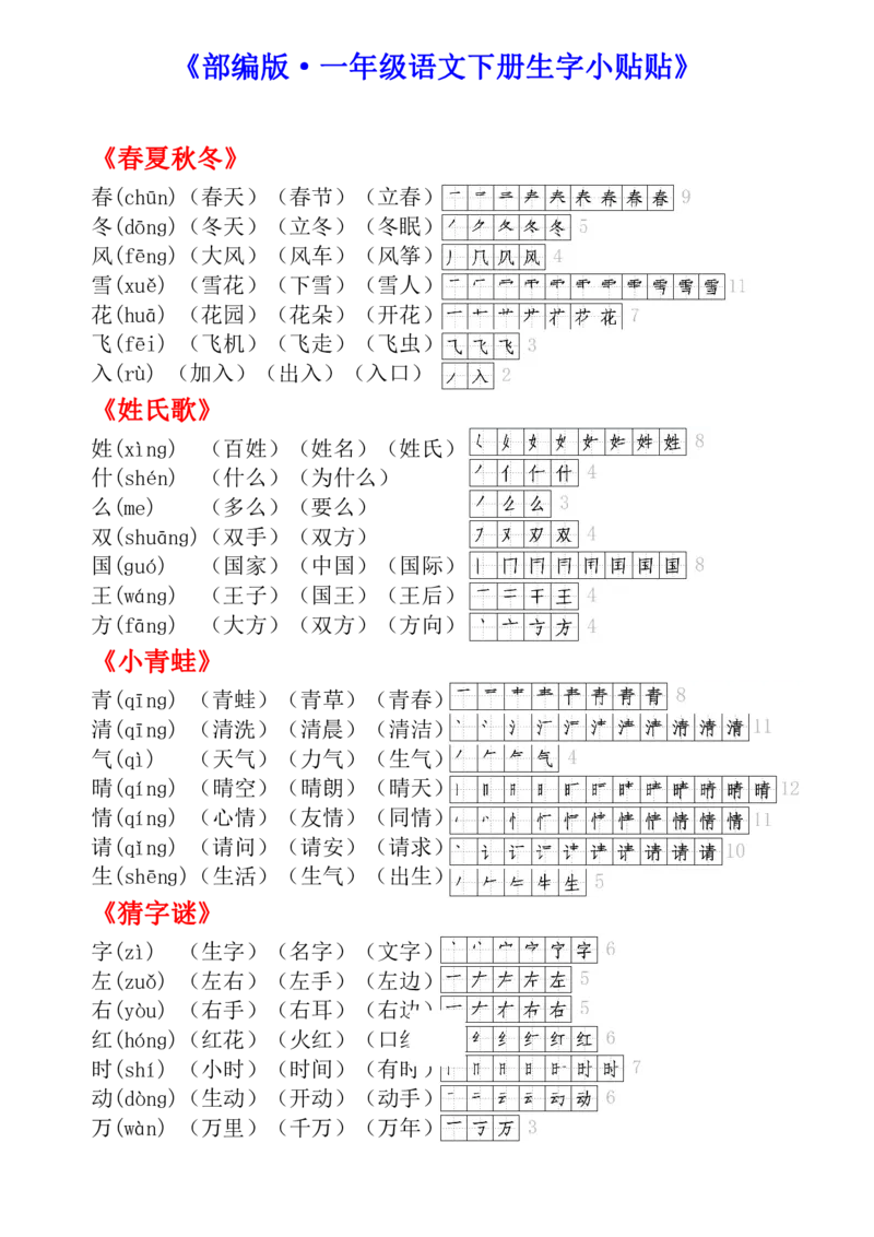 《2023年春季新版教材一下笔顺组词贴_小学1-6年级全科全套_1-6年级全科下册_一年级_其他补充资料_热门资料_语文》第1页预览
