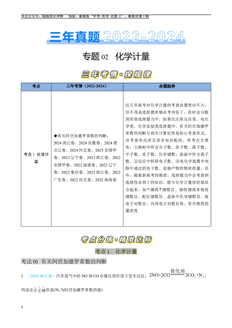 《专题02化学计量（全国通用）（原卷版）_05-化学-高考总复习_专项复习_2025年_五年2020-2024高考真题分类汇编化学真题分类汇编（全国通用）》第1页预览