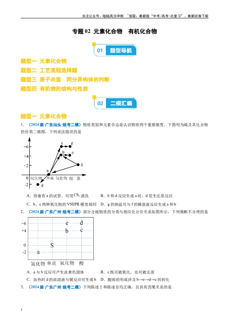 《专题02元素化合物有机化合物（原卷版）_05-化学-高考总复习_专项复习_2025年_2024年高考二模试题分类汇编化学全国通用》第1页预览